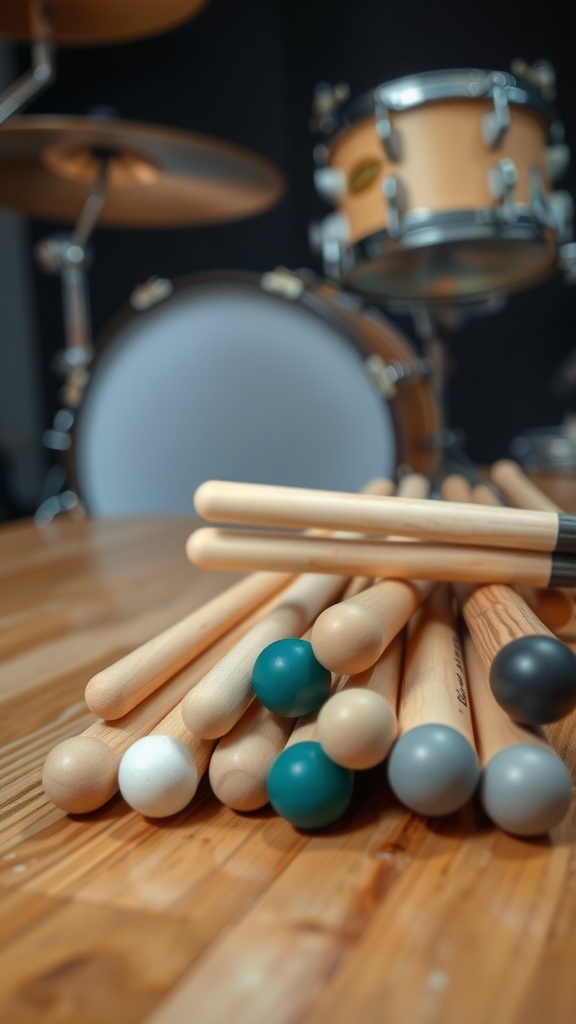 Various drumsticks on a wooden surface, highlighting different materials and sizes.